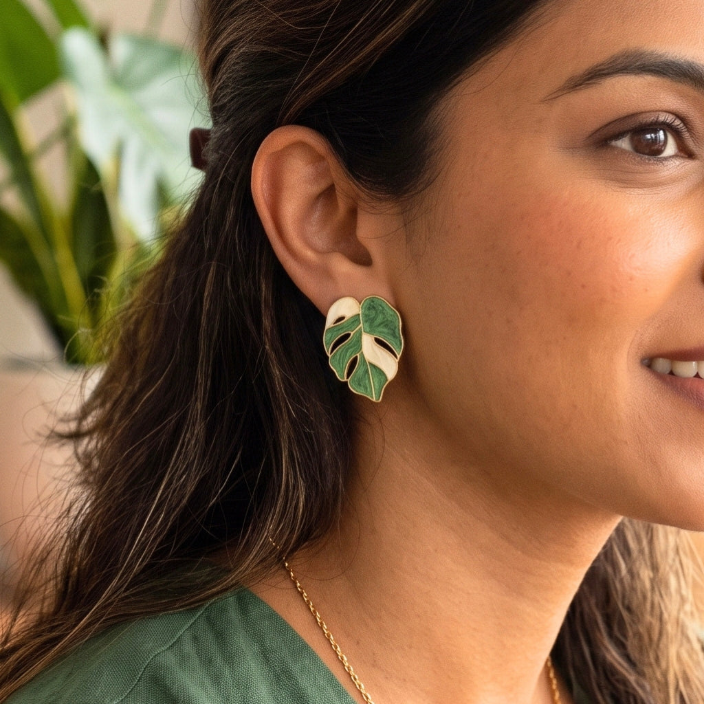 Variegated Monstera Leaf Studs | Earrings