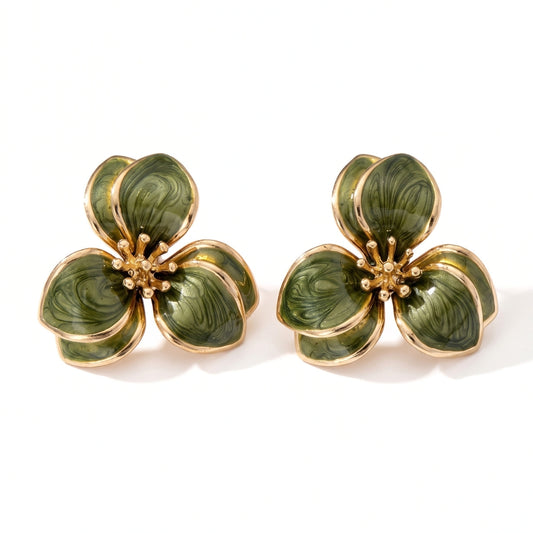Vintage Forest Green Golden Flowers | Earrings