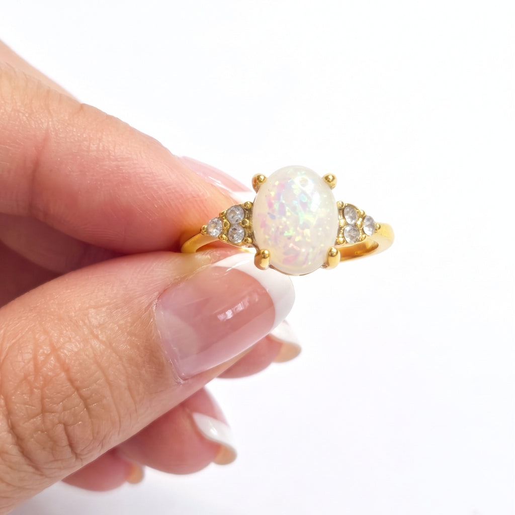 White Iridescent Faux Opal & Gold | Ring
