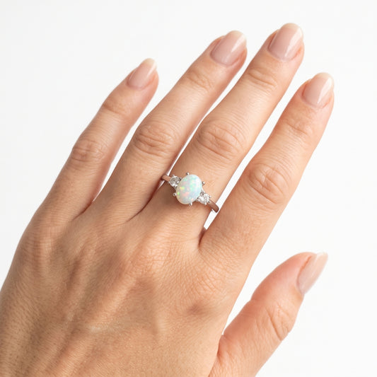 White Iridescent Faux Opal & Silver | Ring