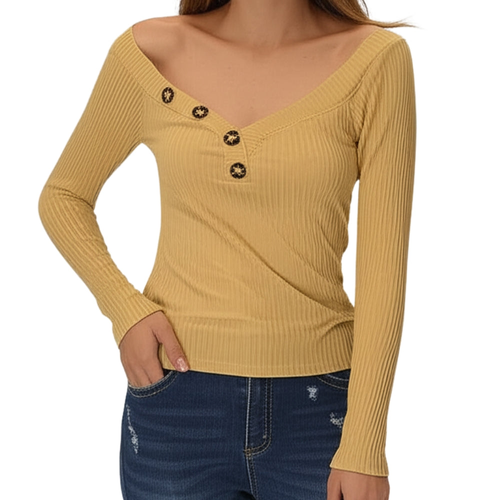 Women's [L] Ribbed Button-Front Long Sleeve Top | Ardene