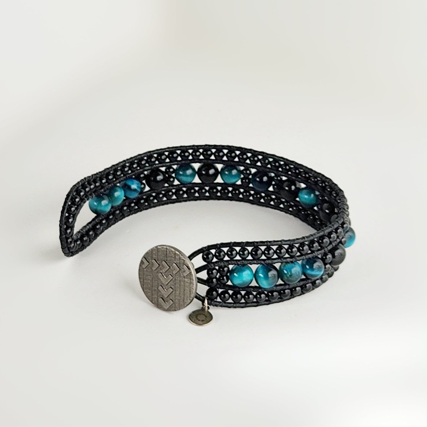 Azure Tiger's Eye & Tourmaline Black Leather Cuff Bracelet