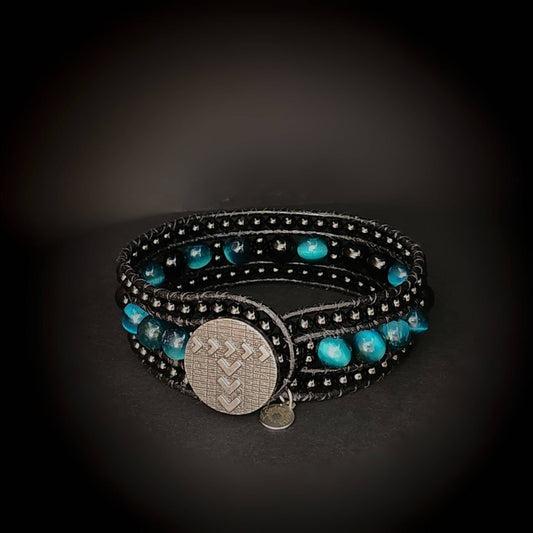 Azure Tiger's Eye & Tourmaline Black Leather Cuff Bracelet