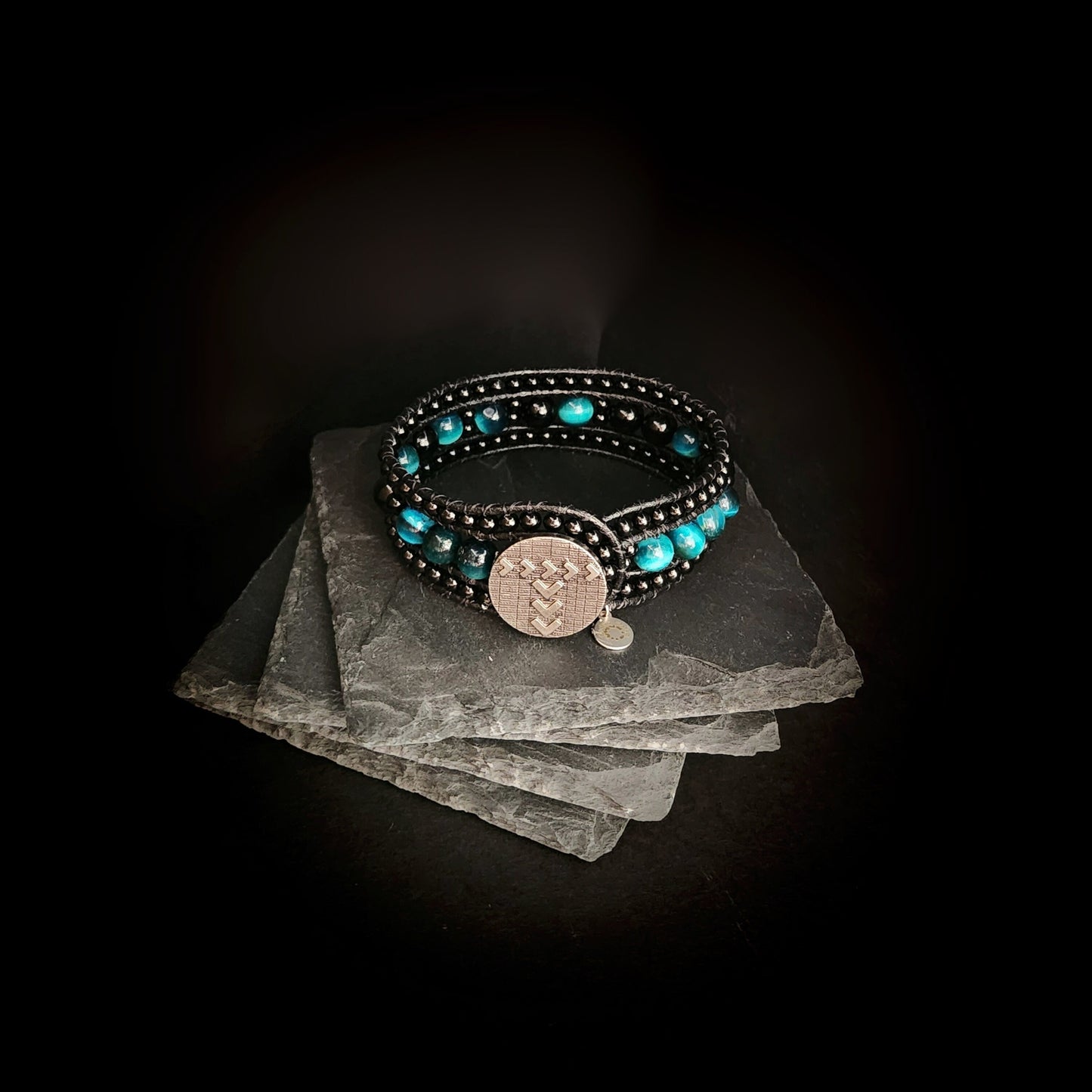 Azure Tiger's Eye & Tourmaline Black Leather Cuff Bracelet