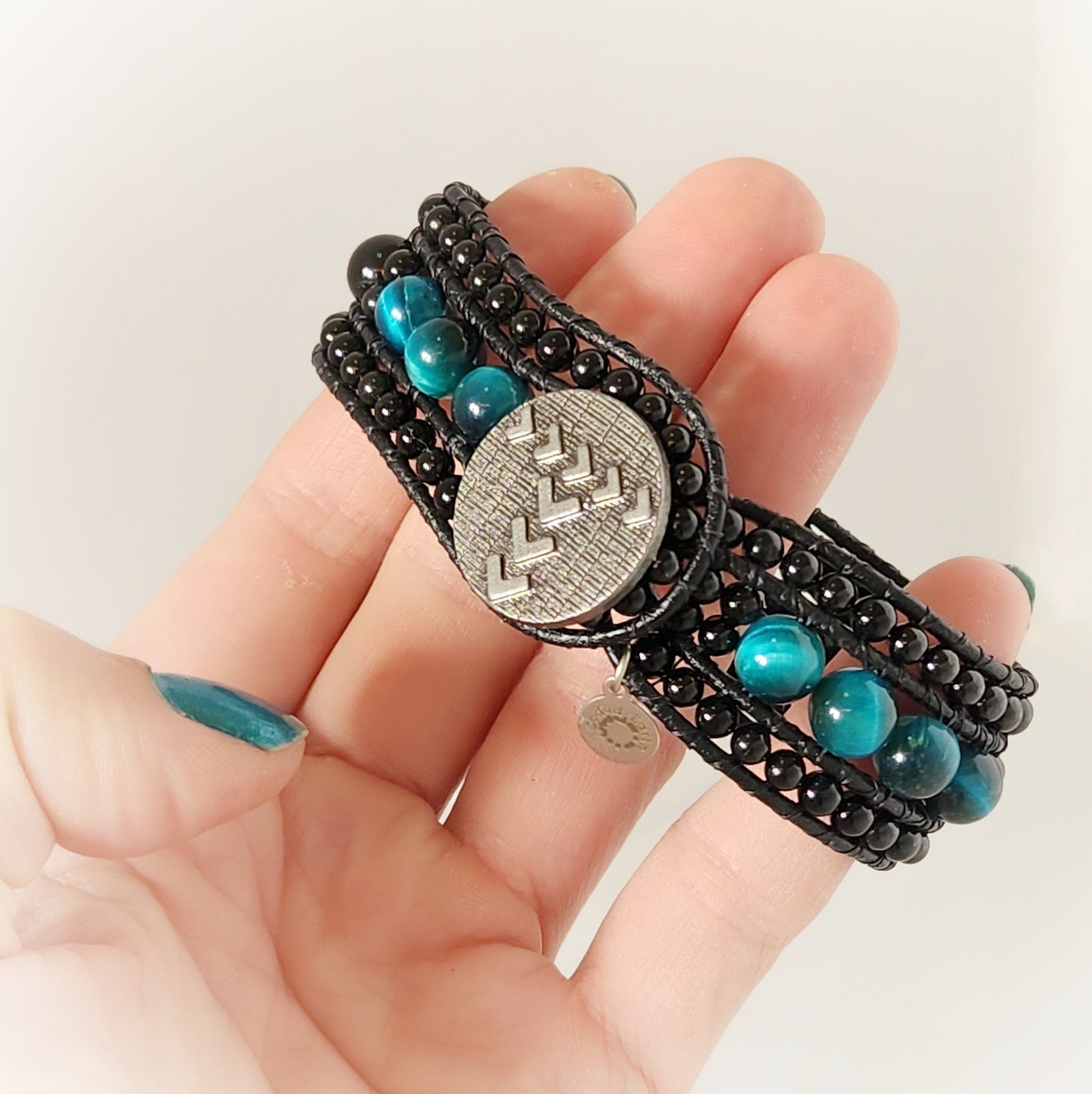 Azure Tiger's Eye & Tourmaline Black Leather Cuff Bracelet