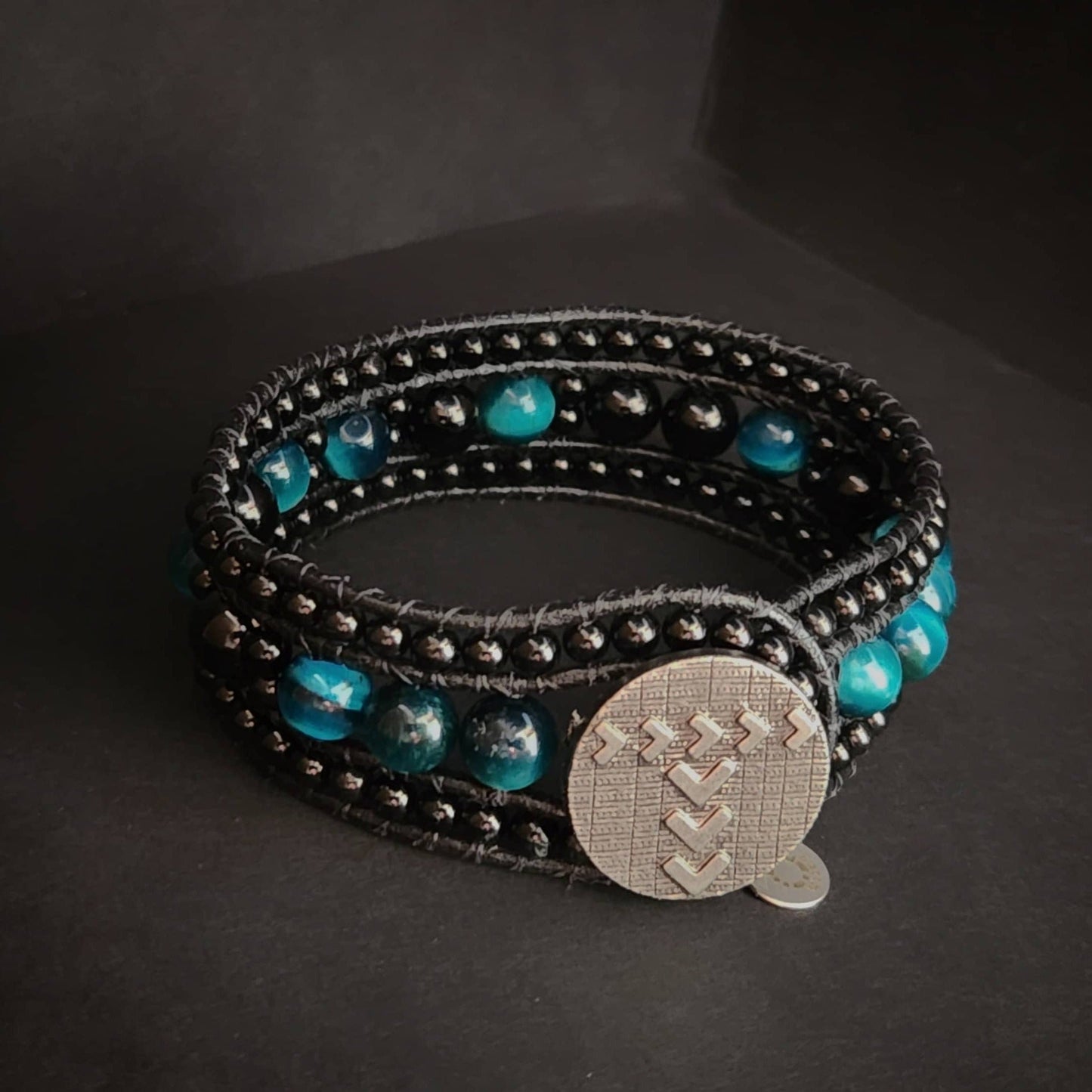 Azure Tiger's Eye & Tourmaline Black Leather Cuff Bracelet