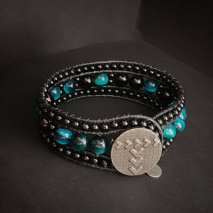 Azure Tiger's Eye & Tourmaline Black Leather Cuff Bracelet